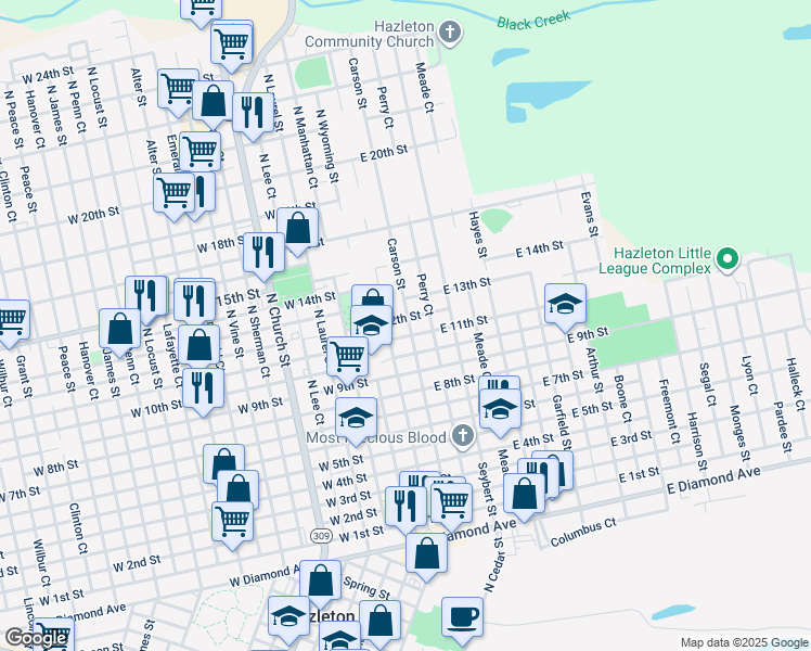 map of restaurants, bars, coffee shops, grocery stores, and more near 734 Carson Street in Hazleton