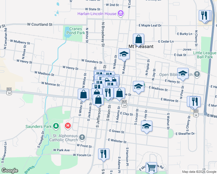 map of restaurants, bars, coffee shops, grocery stores, and more near 115 North Main Street in Mount Pleasant
