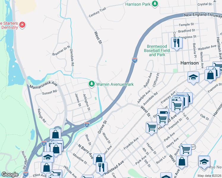 map of restaurants, bars, coffee shops, grocery stores, and more near 301 West Street in Harrison