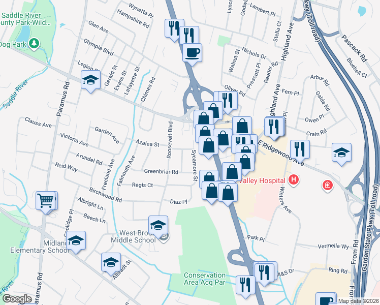 map of restaurants, bars, coffee shops, grocery stores, and more near 638 Sycamore Street in Paramus