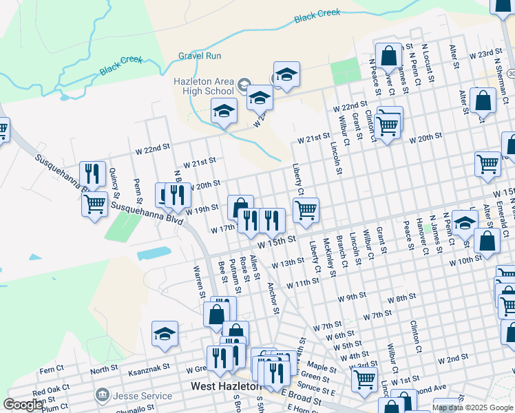 map of restaurants, bars, coffee shops, grocery stores, and more near 874 McNair Street in Luzerne County