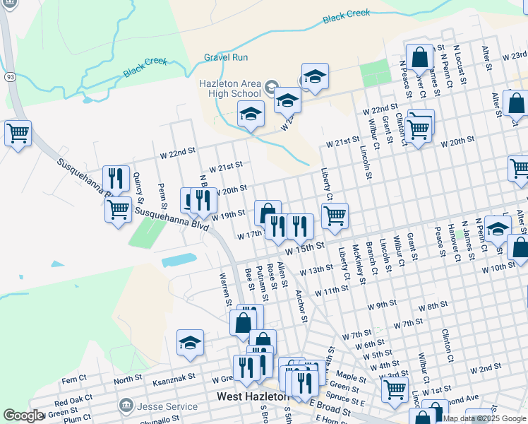 map of restaurants, bars, coffee shops, grocery stores, and more near 1060 West 19th Street in Luzerne County