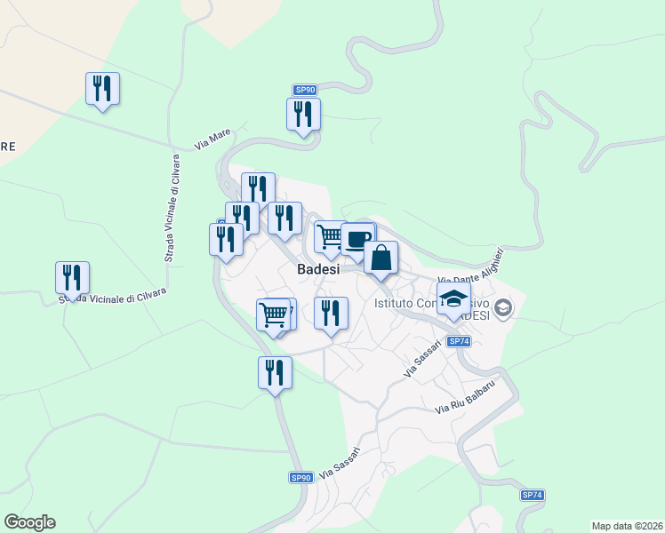 map of restaurants, bars, coffee shops, grocery stores, and more near 4 Via Guglielmo Marconi in Badesi