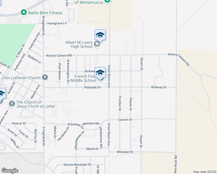 map of restaurants, bars, coffee shops, grocery stores, and more near 5495 Palisade Drive in Winnemucca