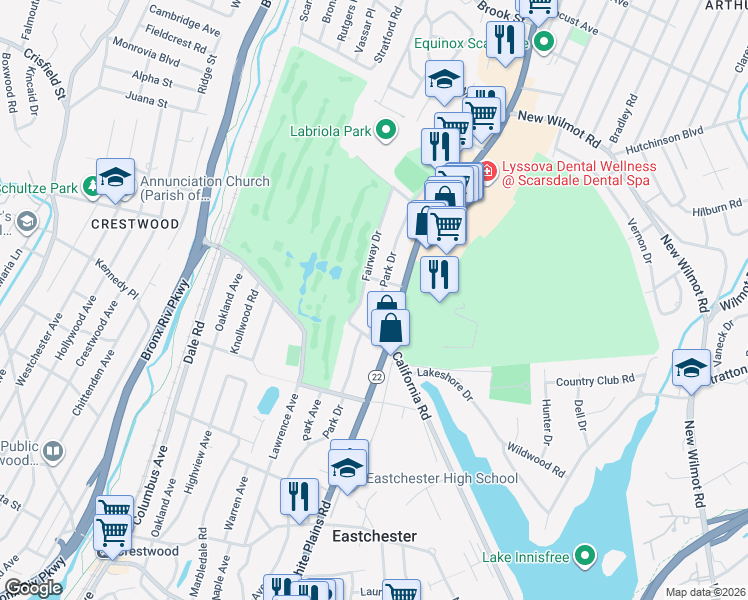 map of restaurants, bars, coffee shops, grocery stores, and more near 643 White Plains Road in Eastchester