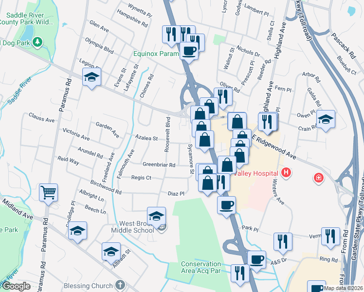 map of restaurants, bars, coffee shops, grocery stores, and more near 638 Sycamore Street in Paramus