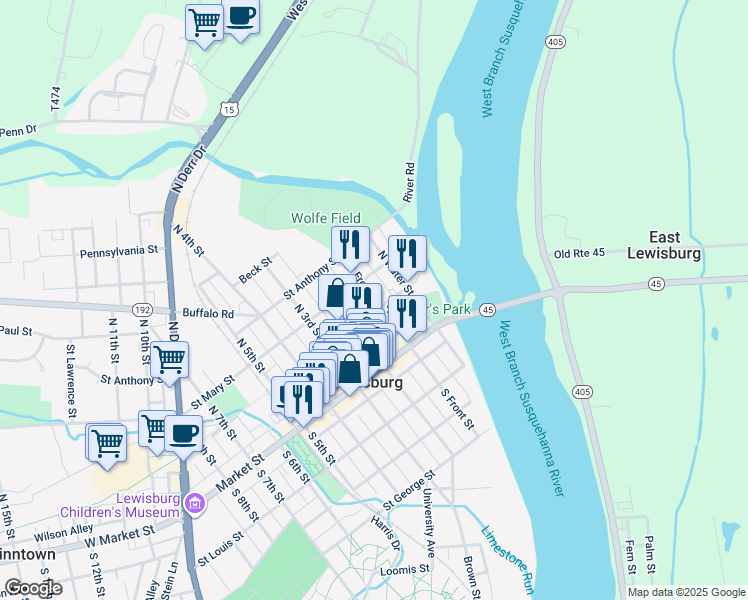 map of restaurants, bars, coffee shops, grocery stores, and more near Chestnut Tree Alley in Lewisburg