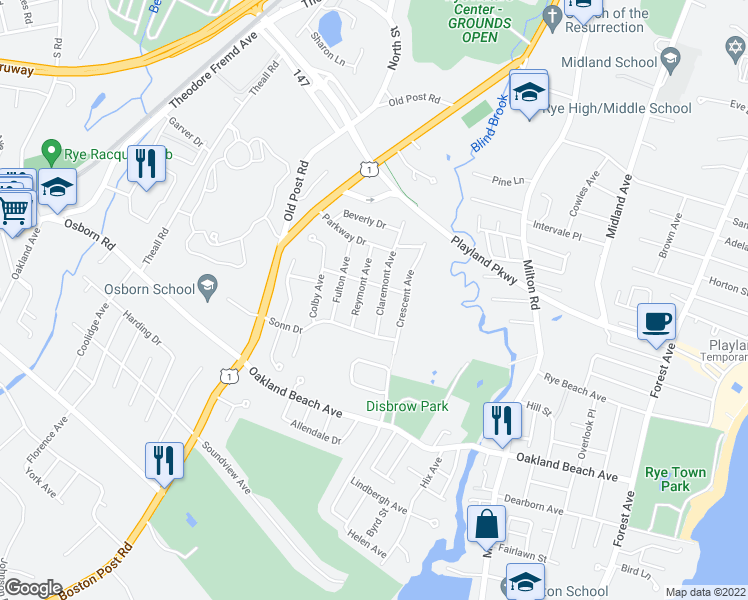 map of restaurants, bars, coffee shops, grocery stores, and more near 16 Claremont Avenue in Rye