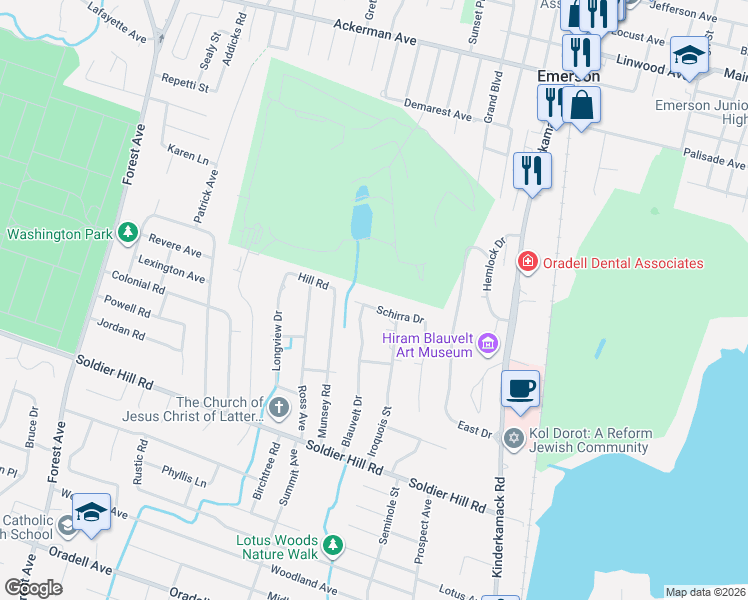 map of restaurants, bars, coffee shops, grocery stores, and more near 715 Iroquois Street in Oradell