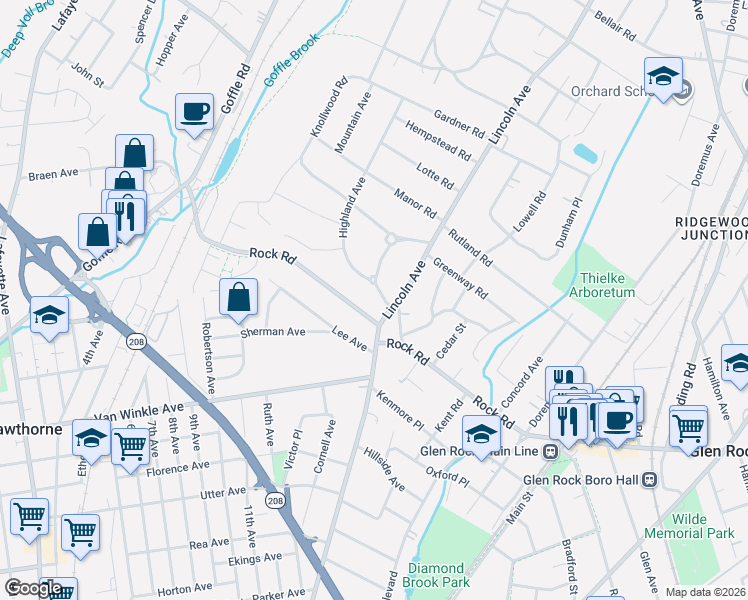 map of restaurants, bars, coffee shops, grocery stores, and more near 220 Rock Road in Hawthorne