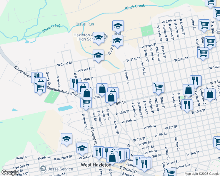 map of restaurants, bars, coffee shops, grocery stores, and more near 874 McNair Street in Luzerne County