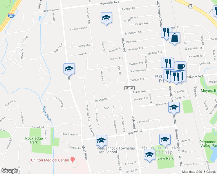 map of restaurants, bars, coffee shops, grocery stores, and more near 16 Woodland Court in Pequannock Township