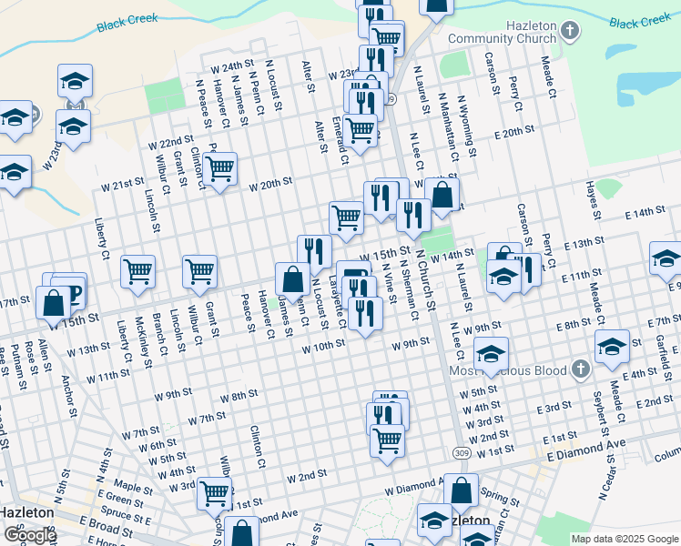 map of restaurants, bars, coffee shops, grocery stores, and more near 782 Alter Street in Hazleton