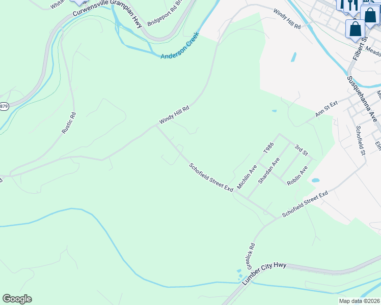 map of restaurants, bars, coffee shops, grocery stores, and more near 1835 Schofield Street Exd in Curwensville