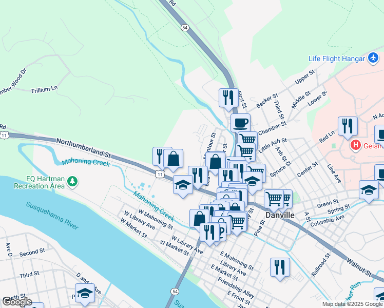 map of restaurants, bars, coffee shops, grocery stores, and more near 77 Montour Row in Danville