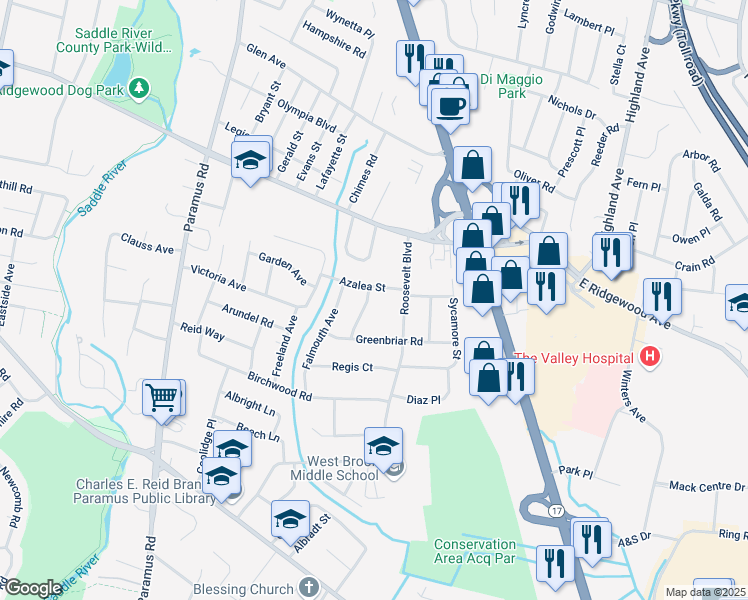 map of restaurants, bars, coffee shops, grocery stores, and more near 655 Sayre Lane in Paramus