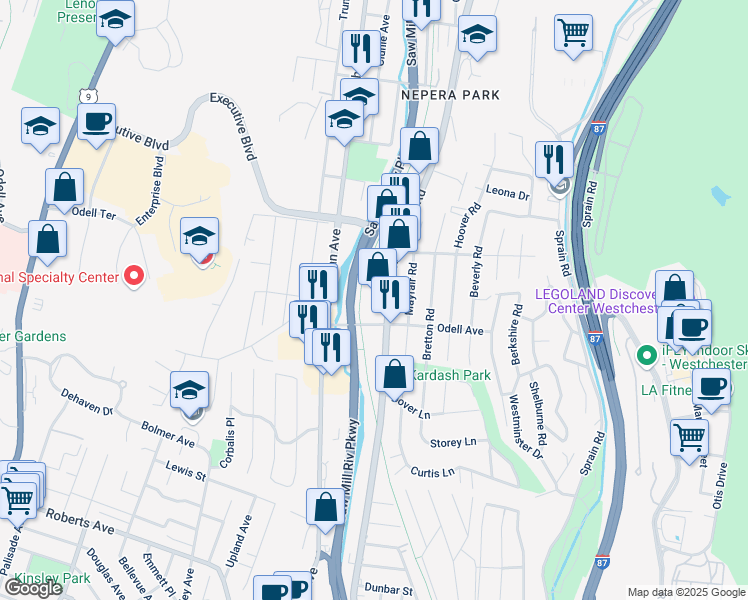 map of restaurants, bars, coffee shops, grocery stores, and more near 925 Saw Mill River Road in Yonkers