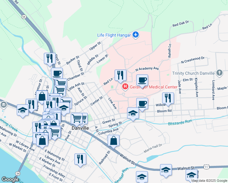 map of restaurants, bars, coffee shops, grocery stores, and more near Center Street in Danville