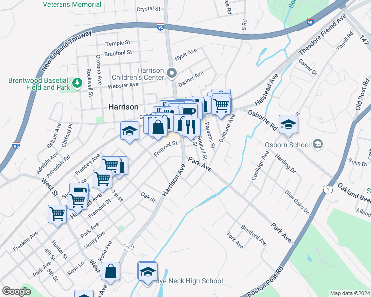 map of restaurants, bars, coffee shops, grocery stores, and more near 201 Harrison Avenue in Harrison