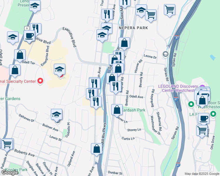 map of restaurants, bars, coffee shops, grocery stores, and more near 925 Saw Mill River Road in Yonkers