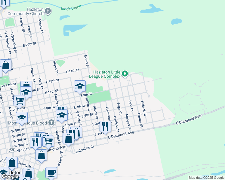 map of restaurants, bars, coffee shops, grocery stores, and more near 696 Monges Street in Hazleton