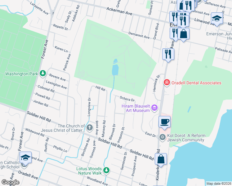 map of restaurants, bars, coffee shops, grocery stores, and more near 842 Schirra Drive in Oradell
