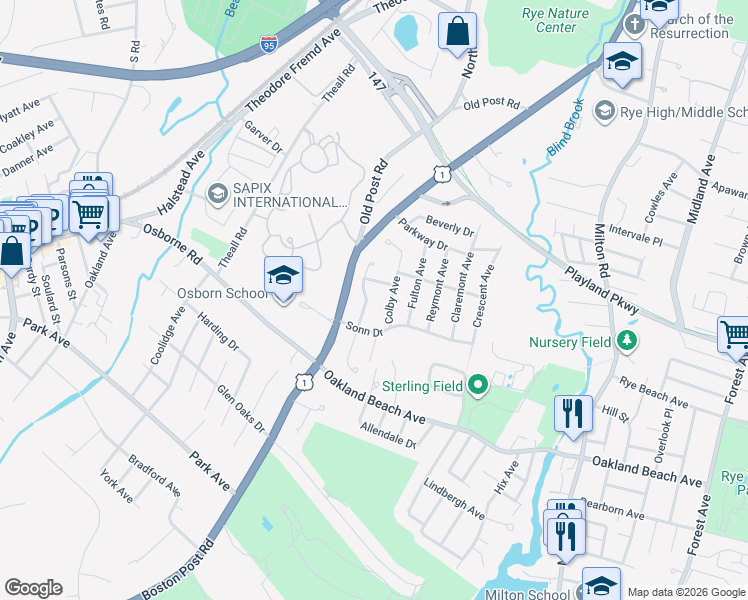 map of restaurants, bars, coffee shops, grocery stores, and more near 5 Fraydun Place in Rye