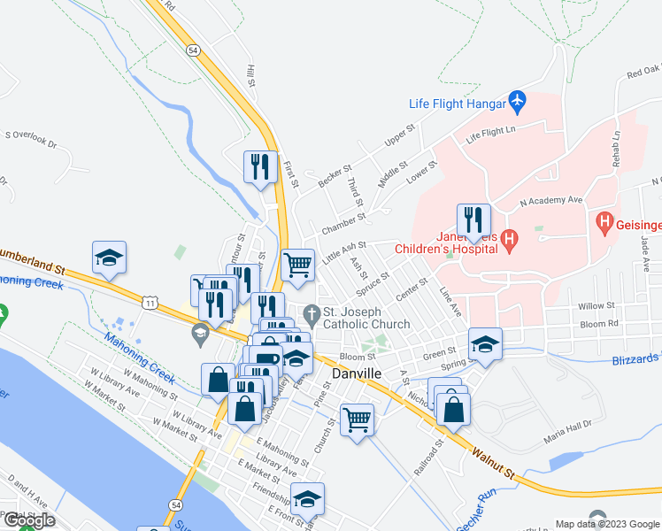 map of restaurants, bars, coffee shops, grocery stores, and more near 1302 Upper Mulberry Street in Danville