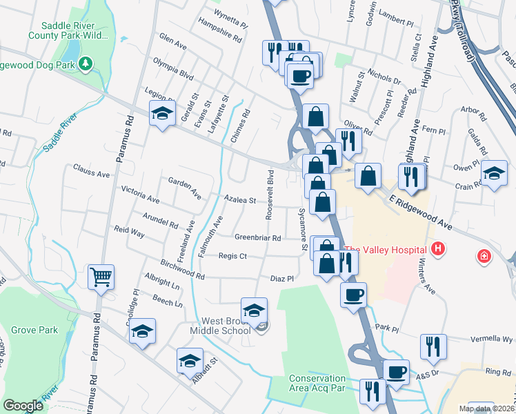 map of restaurants, bars, coffee shops, grocery stores, and more near 99 Azalea Street in Paramus