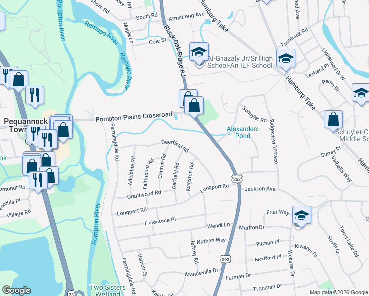 map of restaurants, bars, coffee shops, grocery stores, and more near 56 Deerfield Road in Wayne