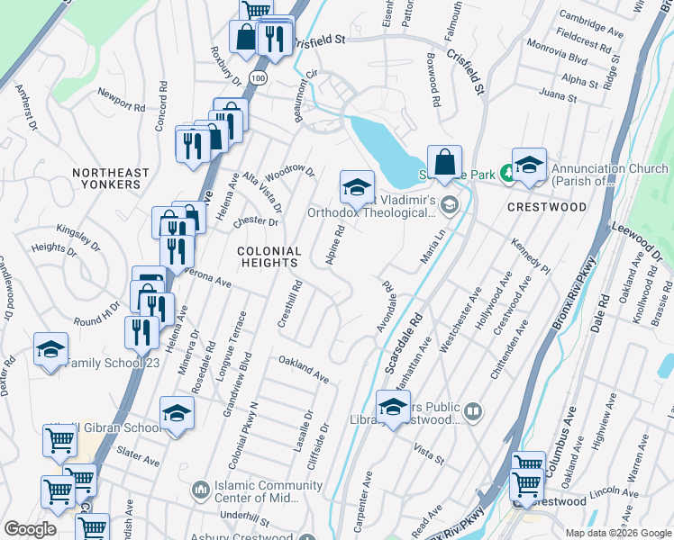 map of restaurants, bars, coffee shops, grocery stores, and more near 88 Alpine Road in Yonkers