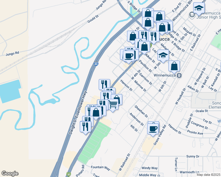 map of restaurants, bars, coffee shops, grocery stores, and more near Veterans Memorial Highway in Winnemucca