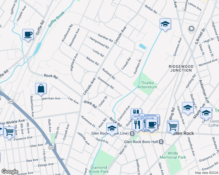 map of restaurants, bars, coffee shops, grocery stores, and more near 111 Greenway Road in Glen Rock