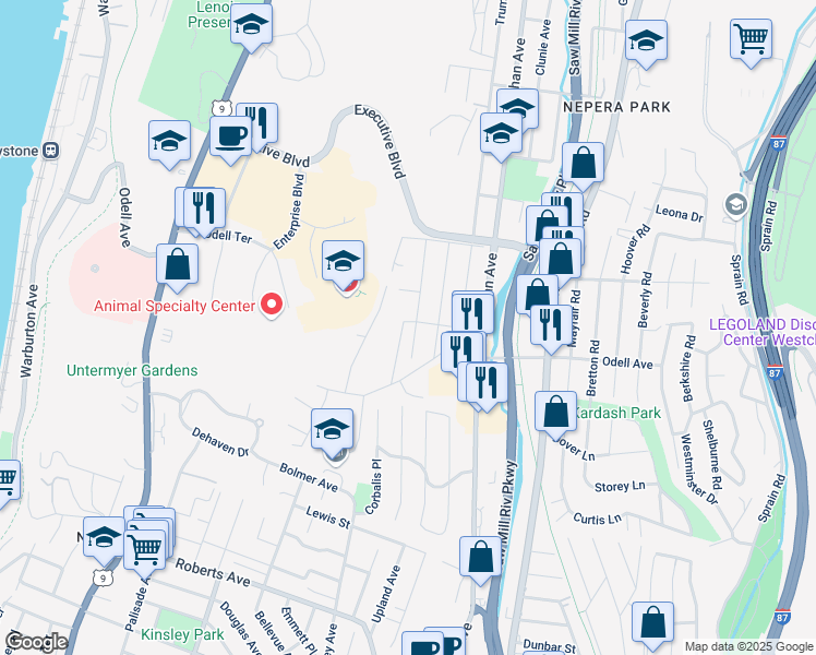 map of restaurants, bars, coffee shops, grocery stores, and more near 53 Pomona Avenue in Yonkers