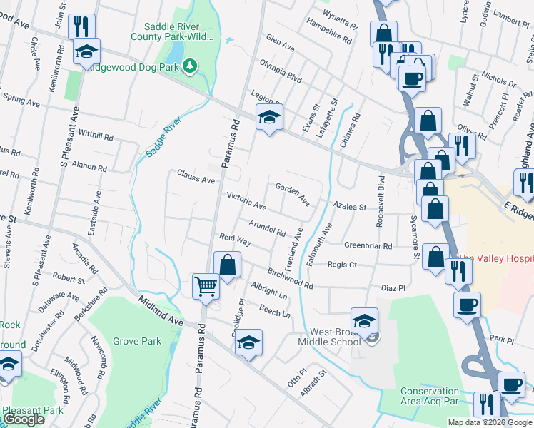map of restaurants, bars, coffee shops, grocery stores, and more near 640 Stony Lane in Paramus