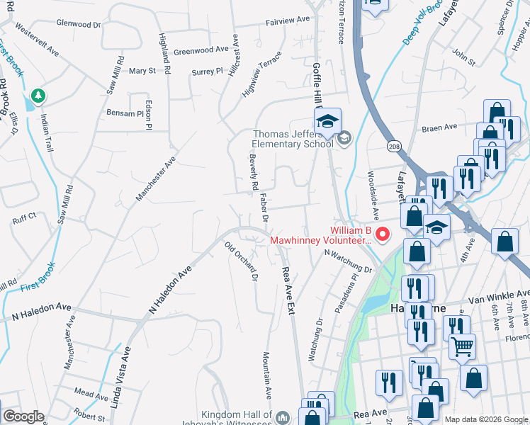 map of restaurants, bars, coffee shops, grocery stores, and more near 48 Faber Drive in Hawthorne