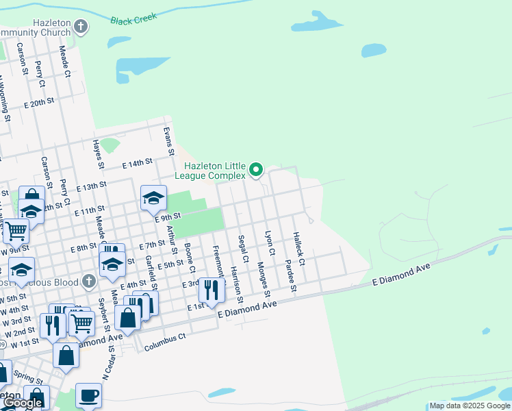 map of restaurants, bars, coffee shops, grocery stores, and more near 666 Pardee Street in Hazleton