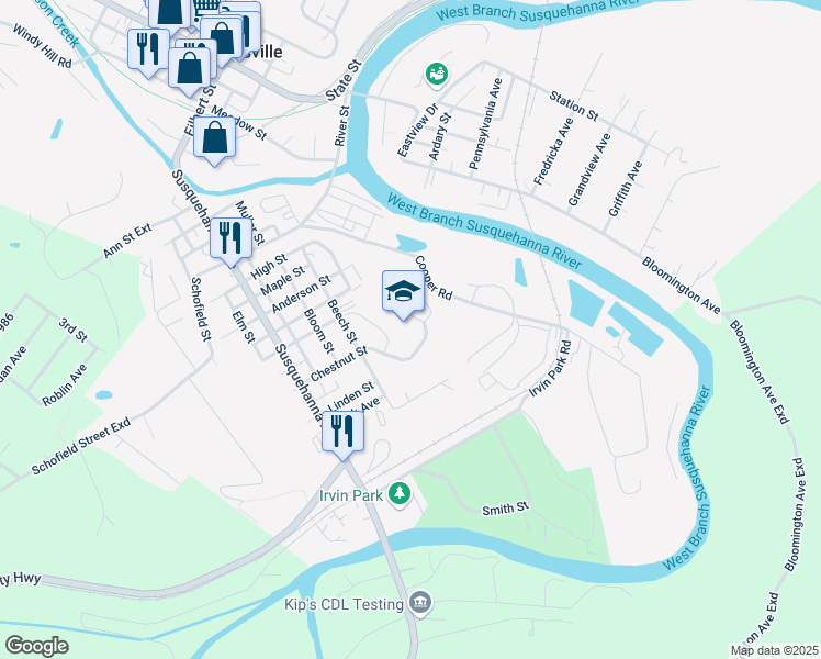 map of restaurants, bars, coffee shops, grocery stores, and more near 650 Beech Street in Curwensville