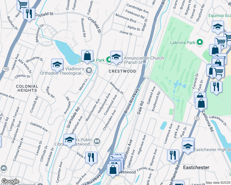 map of restaurants, bars, coffee shops, grocery stores, and more near 288 Hollywood Avenue in Yonkers