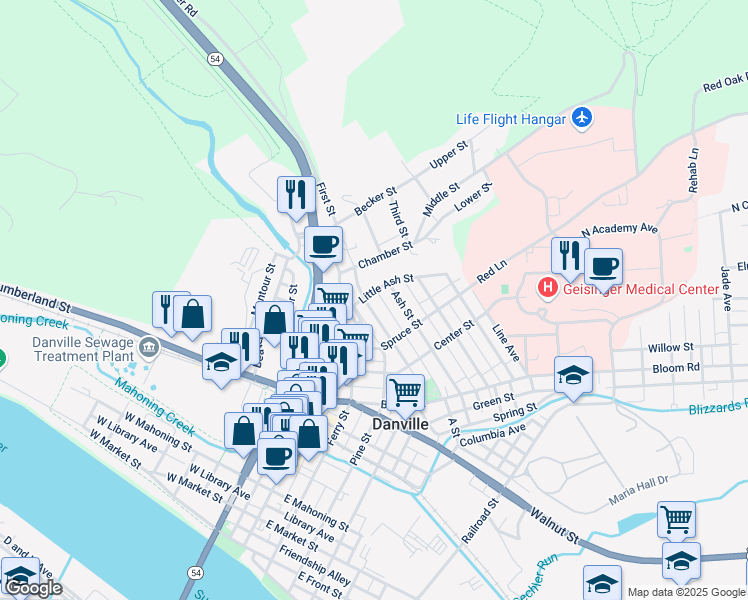 map of restaurants, bars, coffee shops, grocery stores, and more near 1302 Upper Mulberry Street in Danville
