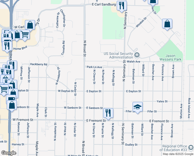 map of restaurants, bars, coffee shops, grocery stores, and more near 1681 North Cherry Street in Galesburg