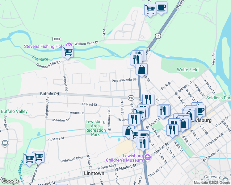 map of restaurants, bars, coffee shops, grocery stores, and more near 514 Logan Ave in Lewisburg