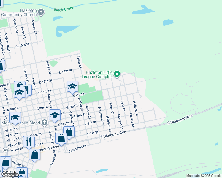map of restaurants, bars, coffee shops, grocery stores, and more near 696 Monges Street in Hazleton