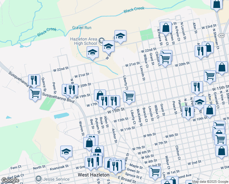 map of restaurants, bars, coffee shops, grocery stores, and more near 884 State Court in Luzerne County
