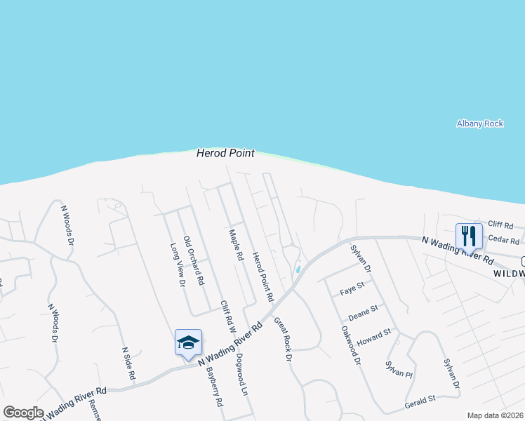 map of restaurants, bars, coffee shops, grocery stores, and more near 122 Beach Road in Wading River