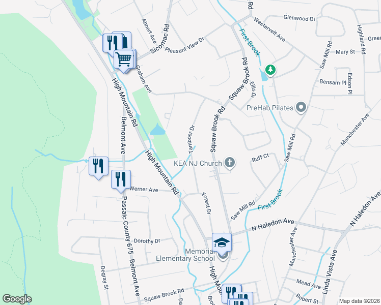 map of restaurants, bars, coffee shops, grocery stores, and more near 95 Tamboer Drive in North Haledon