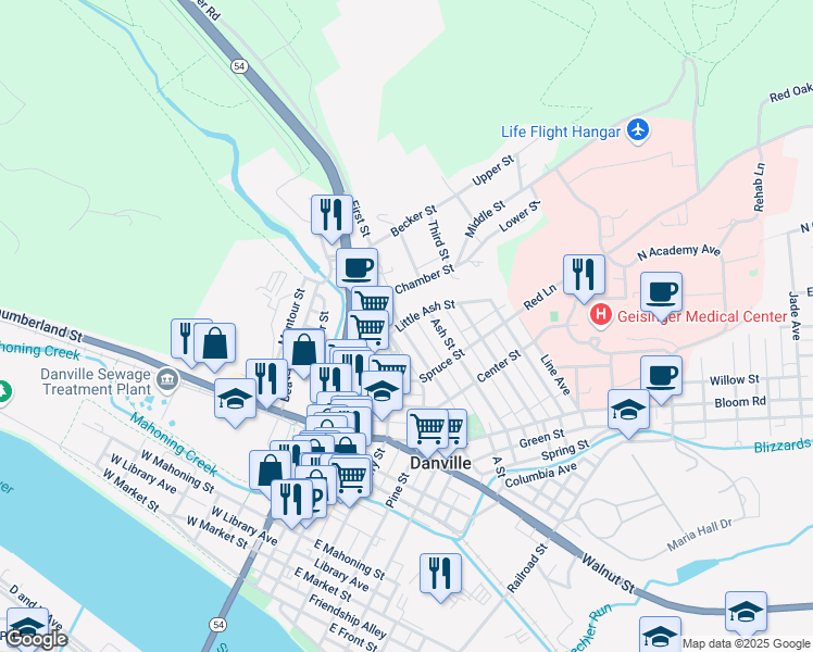 map of restaurants, bars, coffee shops, grocery stores, and more near 310 Little Ash Street in Danville