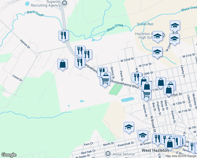 map of restaurants, bars, coffee shops, grocery stores, and more near 100 Weis Lane in Hazleton