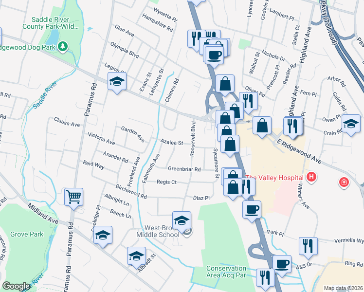 map of restaurants, bars, coffee shops, grocery stores, and more near 99 Azalea Street in Paramus
