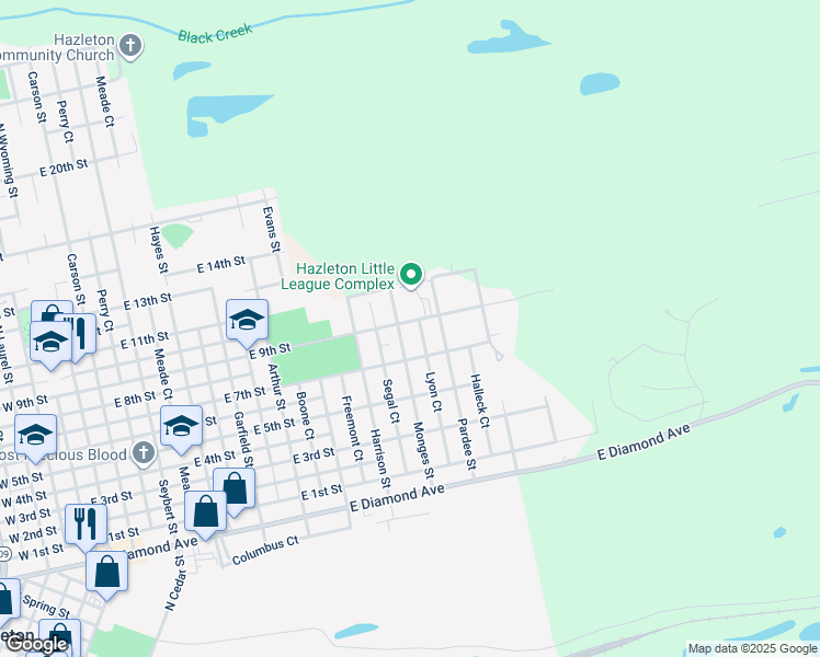 map of restaurants, bars, coffee shops, grocery stores, and more near 691 Monges Street in Hazleton